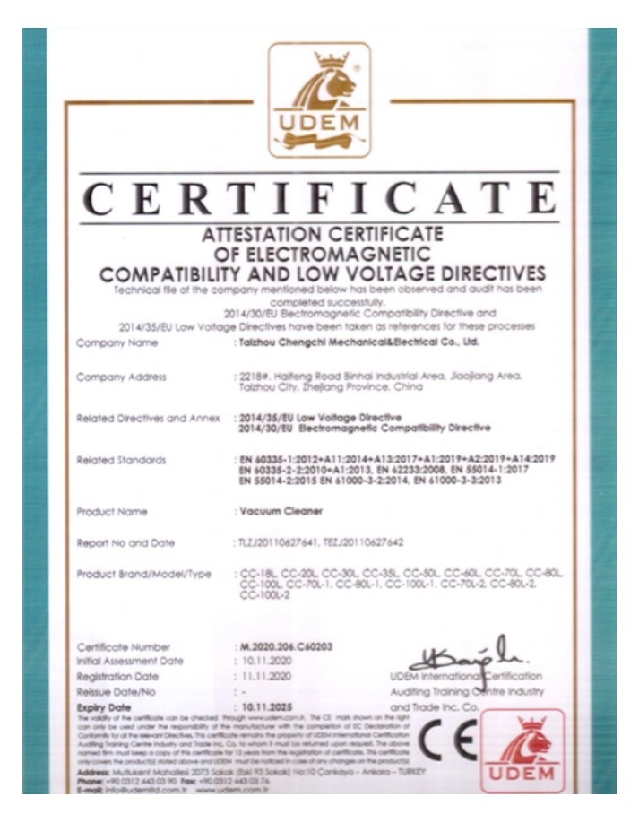 CE electromagnetic compatibility and low voltage directives attestation certificate